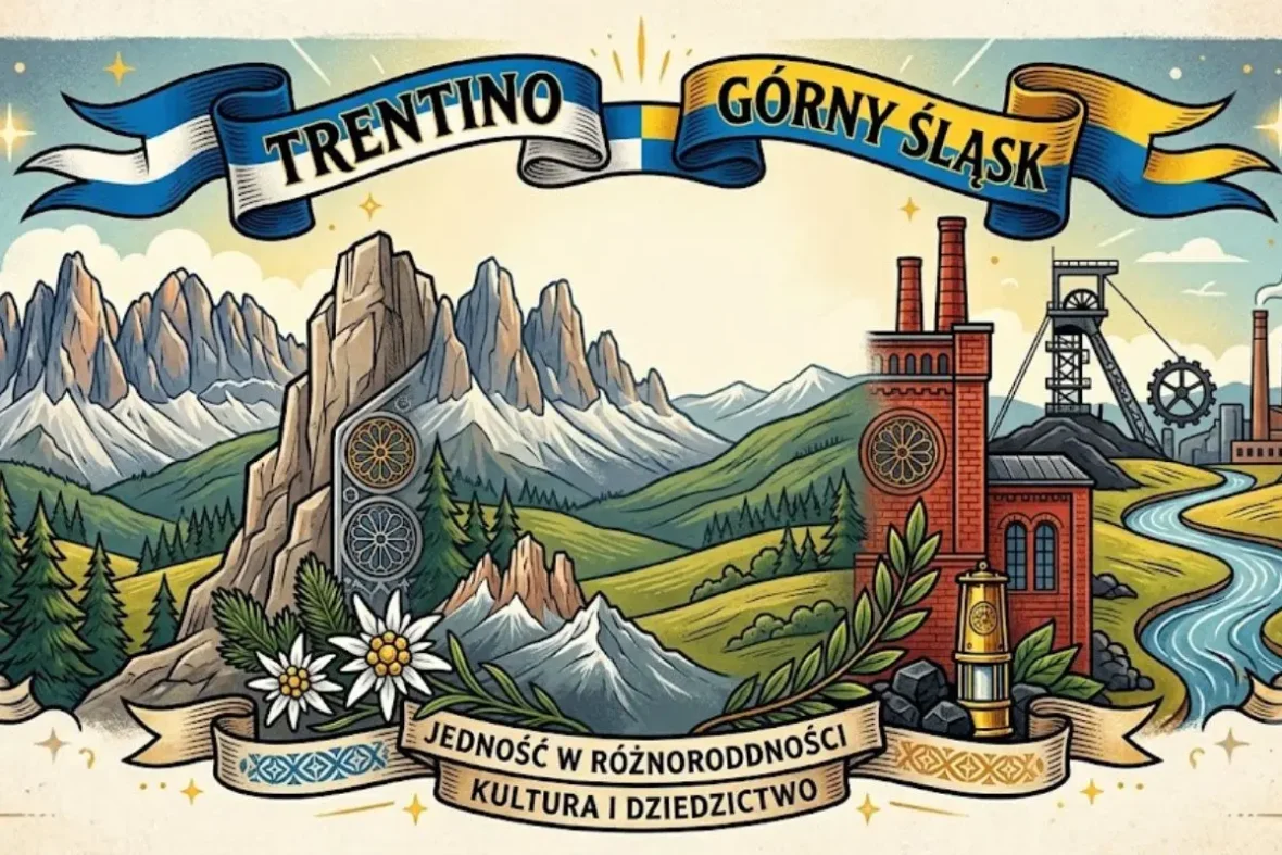 Ilustracja porównująca Trentino i Górny Śląsk – alpejskie góry, przemysłowy krajobraz, szyld ‘Jedność w różnorodności. Kultura i dziedzictwo’